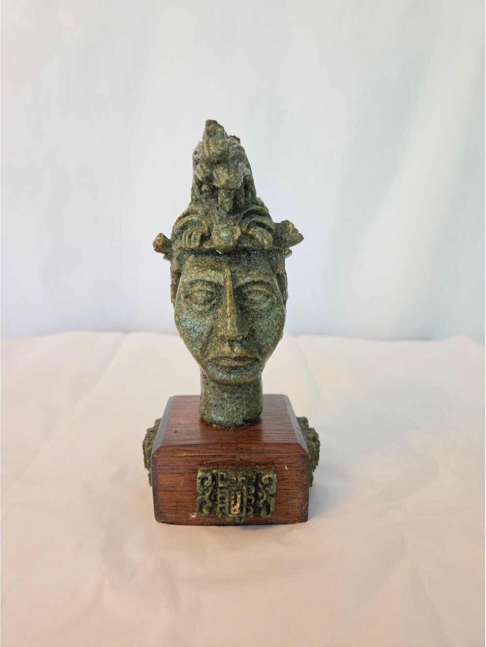 Vintage Green Stone Tribal Head Sculpture on Wooden Base